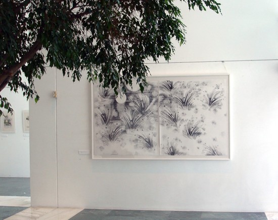 Universal Rhythm Series, Drawing 7 shown at a solo exhibit of artists work. Large mural size diptych, graphite on Arches hot-pressed paper, Fine Art by Sor. Image copyright 2013 by Susana Sori