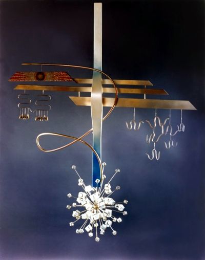 Alignment. Semi-mobile made of Moroccan woods, metals, glass and oil based paints and varnishes. Fine Art by Sorí. Image copyright 2013 by Susana Sori